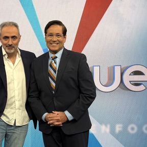Juan Tubert standing with the host on the set of Telemundo 47's Enfoque